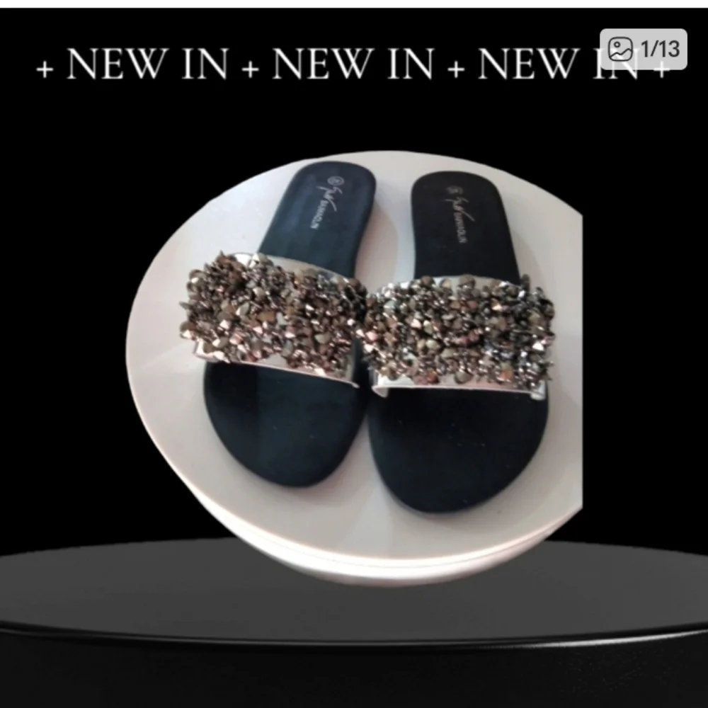 Black Sequin Slides Sandals Size 10 Y2K